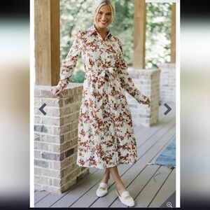 Fate:  On Call Ivory/ Brown Floral Midi Dress,  Size L
